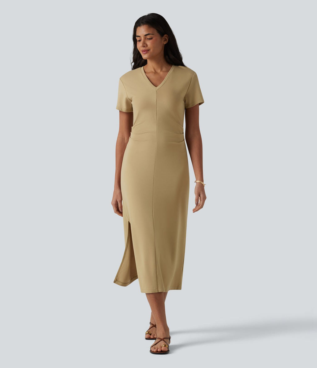 Robe midi décontractée à manches courtes et col en V en maille sculptante