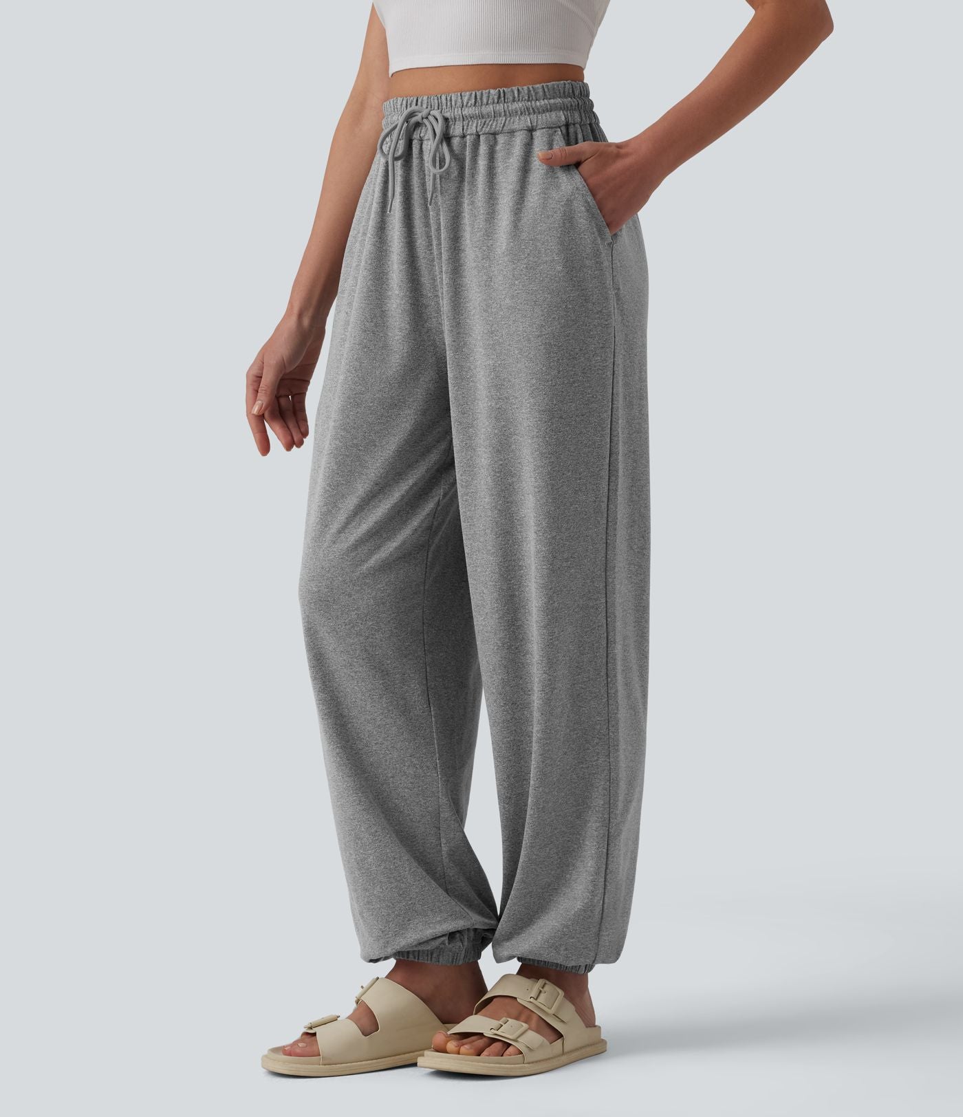 Jogging casual large taille haute à cordon de serrage avec poches