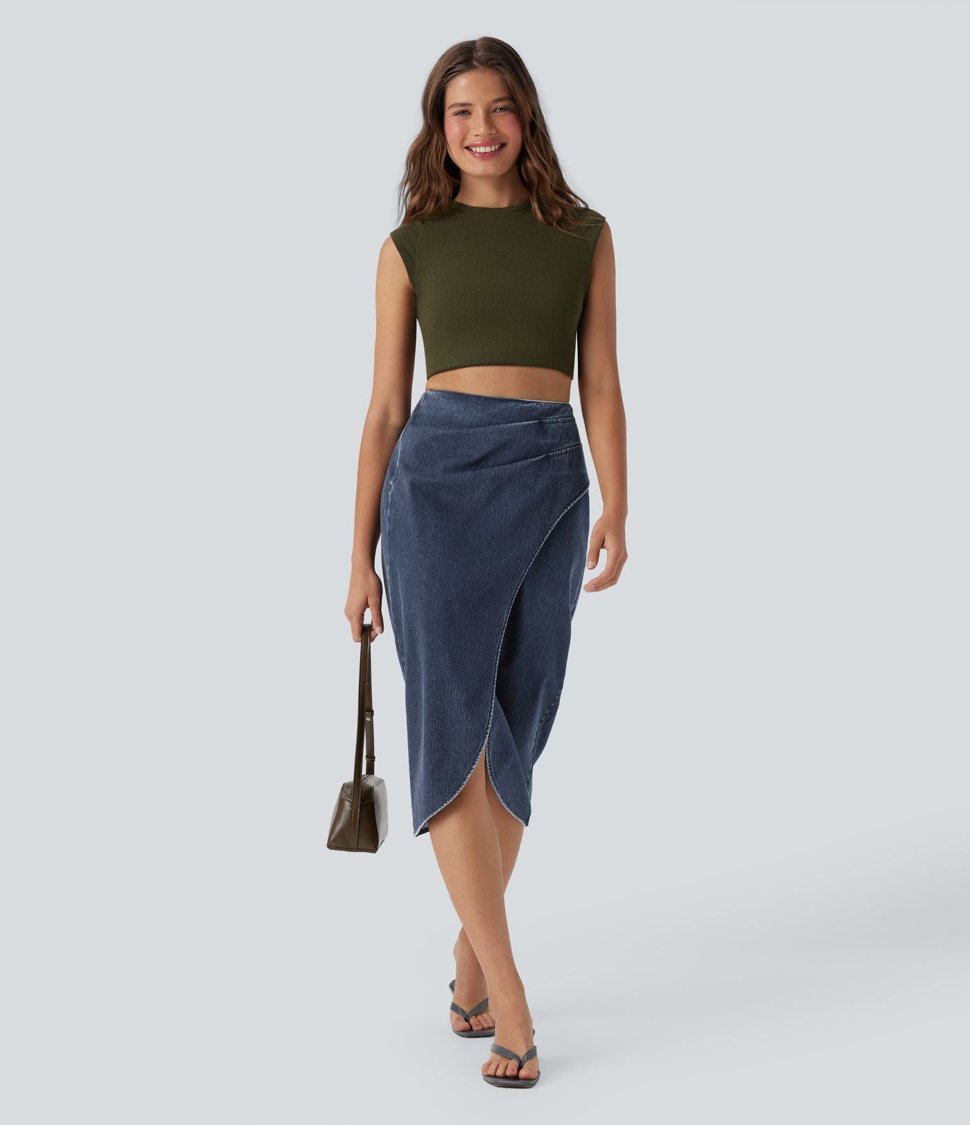 Halara Flex™ Jupe en Jean midi délavé taille haute avec zip dos, effet drapé et ourlet tulipe