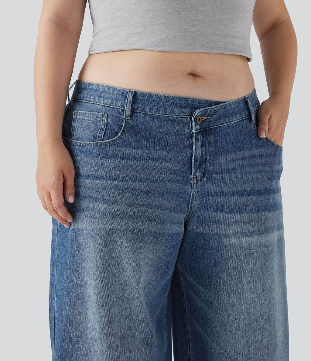 Jean décontracté grande taille Halara Flex™ asymétrique taille basse jambes larges effet délavé avec poches