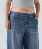 Jean décontracté grande taille Halara Flex™ asymétrique taille basse jambes larges effet délavé avec poches