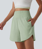 Short décontracté en lin extensible taille haute ourlet arrondi 12,5 cm avec poches