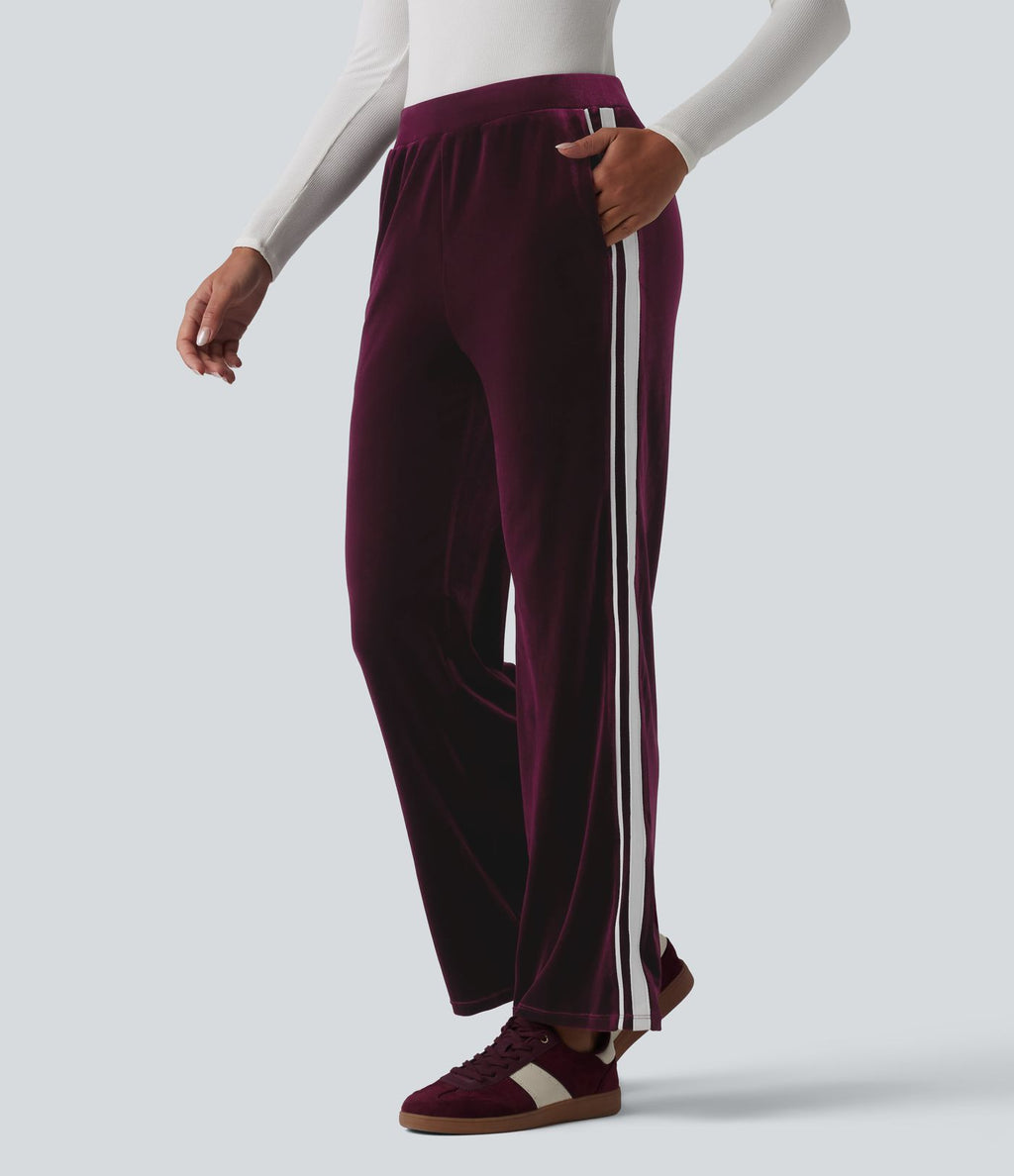 Pantalon évasé en velours taille basse color block à rayures avec poches