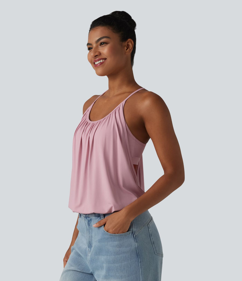 Débardeur décontracté col U froncé 2-en-1 avec brassière intégrée effet frais InstantCool séchage rapide, protection solaire UPF50+