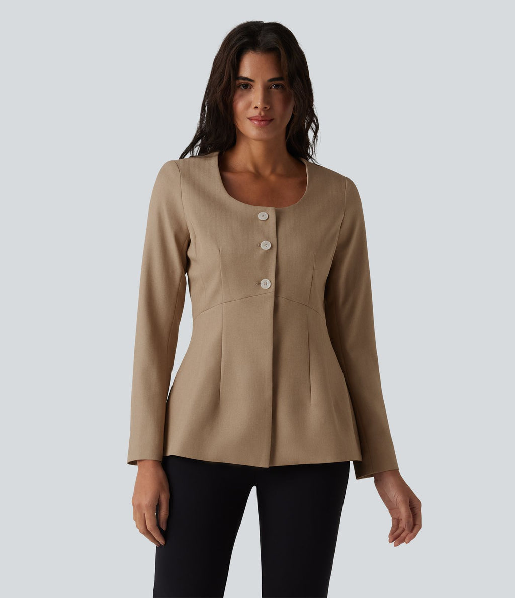 Blazer tailleur infroissable col U manches longues aspect lin