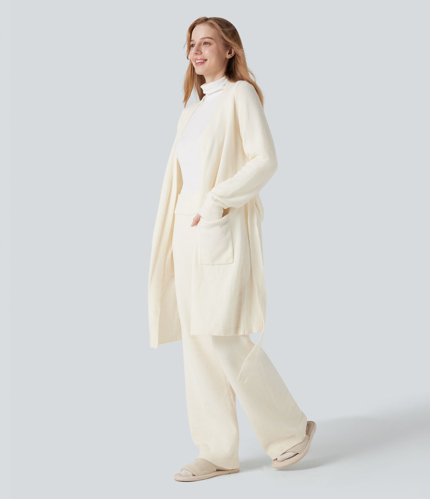 Robe d'intérieur longue tricot ouverte ceinturée manches longues avec poches