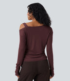 T-shirt décontracté asymétrique en mélange de laine à une épaule et manches longues
