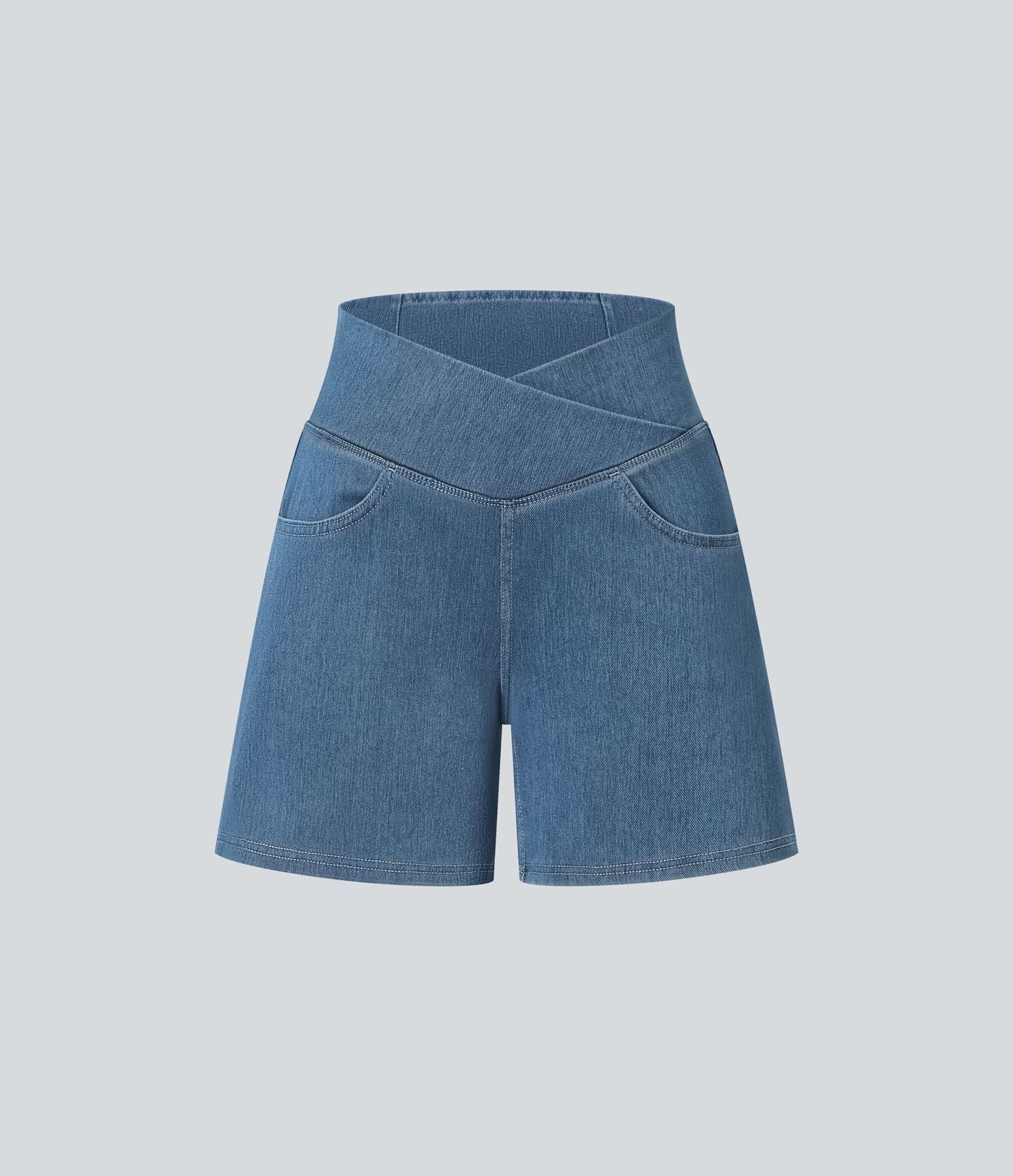 Halara Flex™ Short décontracté évasé à jambe large en denim extensible délavé taille haute croisée avec poches multiples