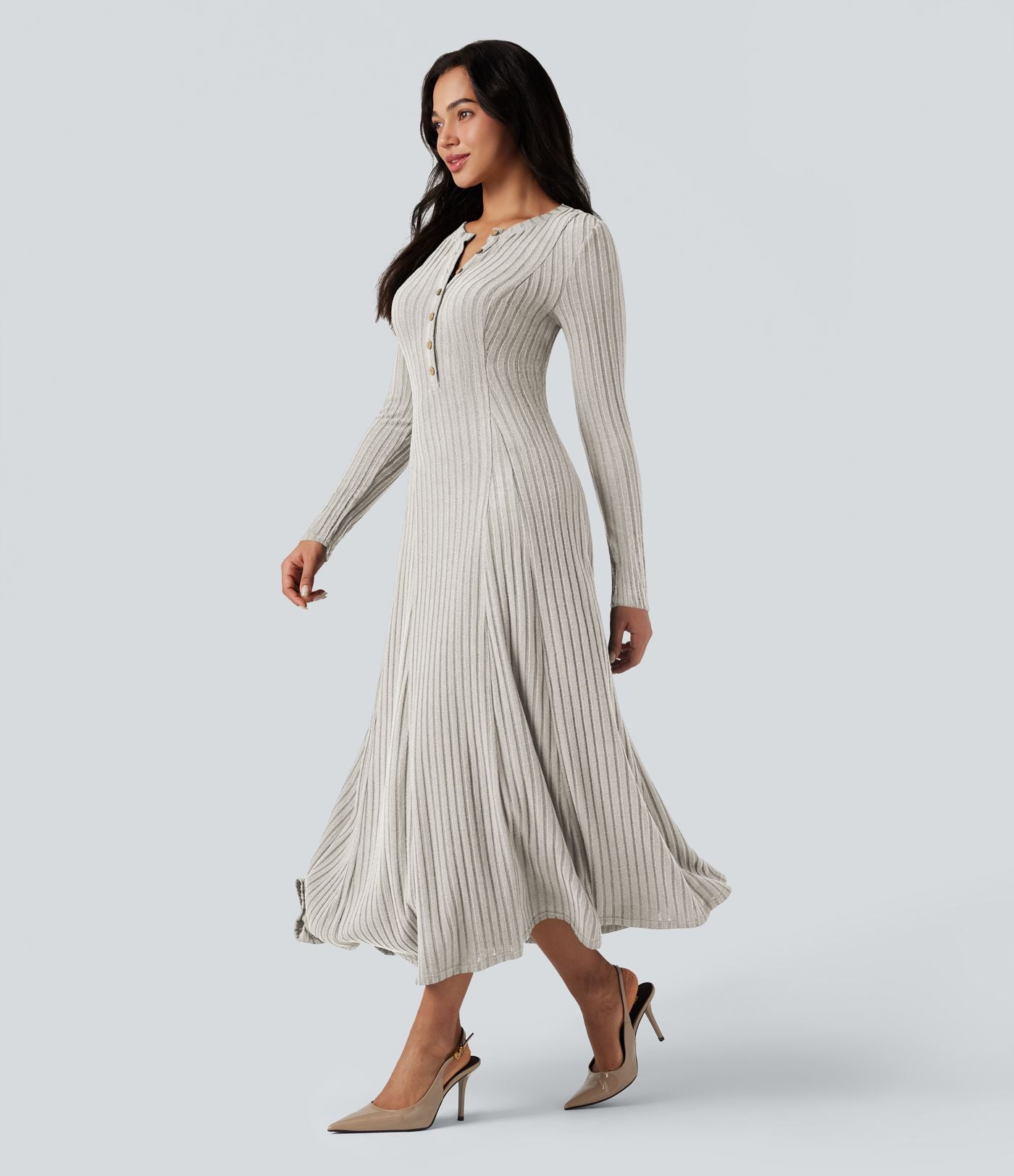 Robe longue fluide maille côtelée col henley manches longues