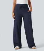 Pantalon jogging large décontracté côtelé gainant taille haute avec cordon de serrage et poches