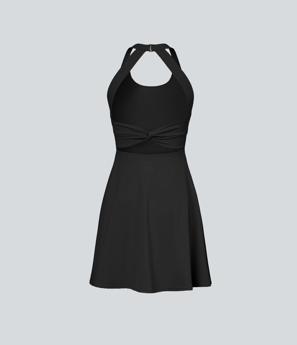Robe sport évasée dos ouvert torsadé Halara X Smiley® SoftlyZero™ Airy avec poches – Longueur allongée – Édition Easy Peasy – Bonnets A à D