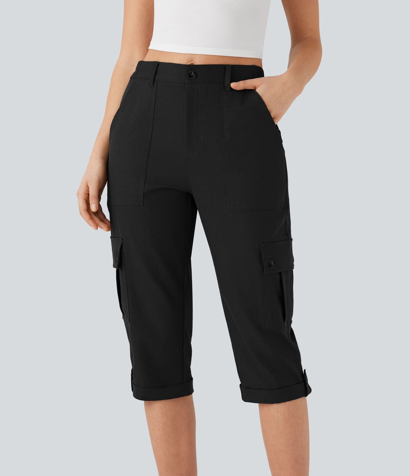Pantalon cargo décontracté taille moyenne à ourlet roulé avec poches à rabat