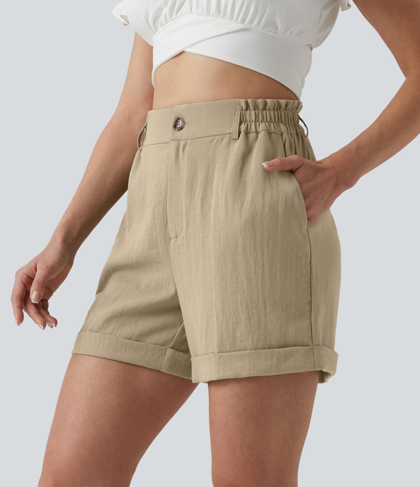 Short resort 12,5 cm taille haute effet lin avec ourlet roulotté et poches
