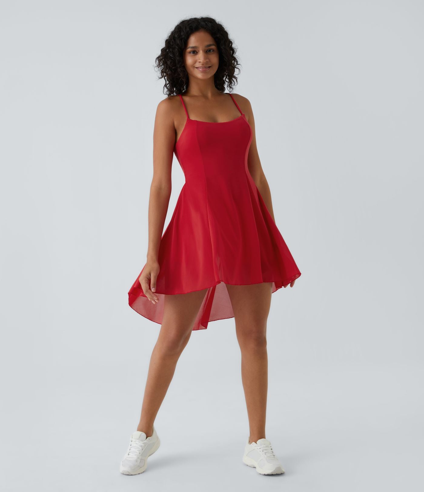Robe de sport danse mini 2-en-1 laçage asymétrique résille contrastante fluide avec poche A-D