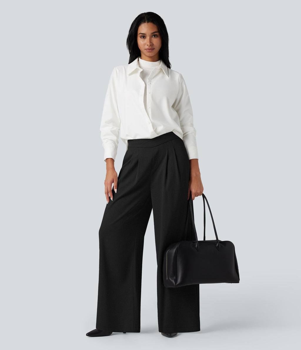 Pantalon tailleur large taille haute croisée avec poches