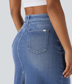 Jupe en Jean midi décontractée extensible délavée à taille moyenne avec boutons, fermeture éclair, poches multiples et fente