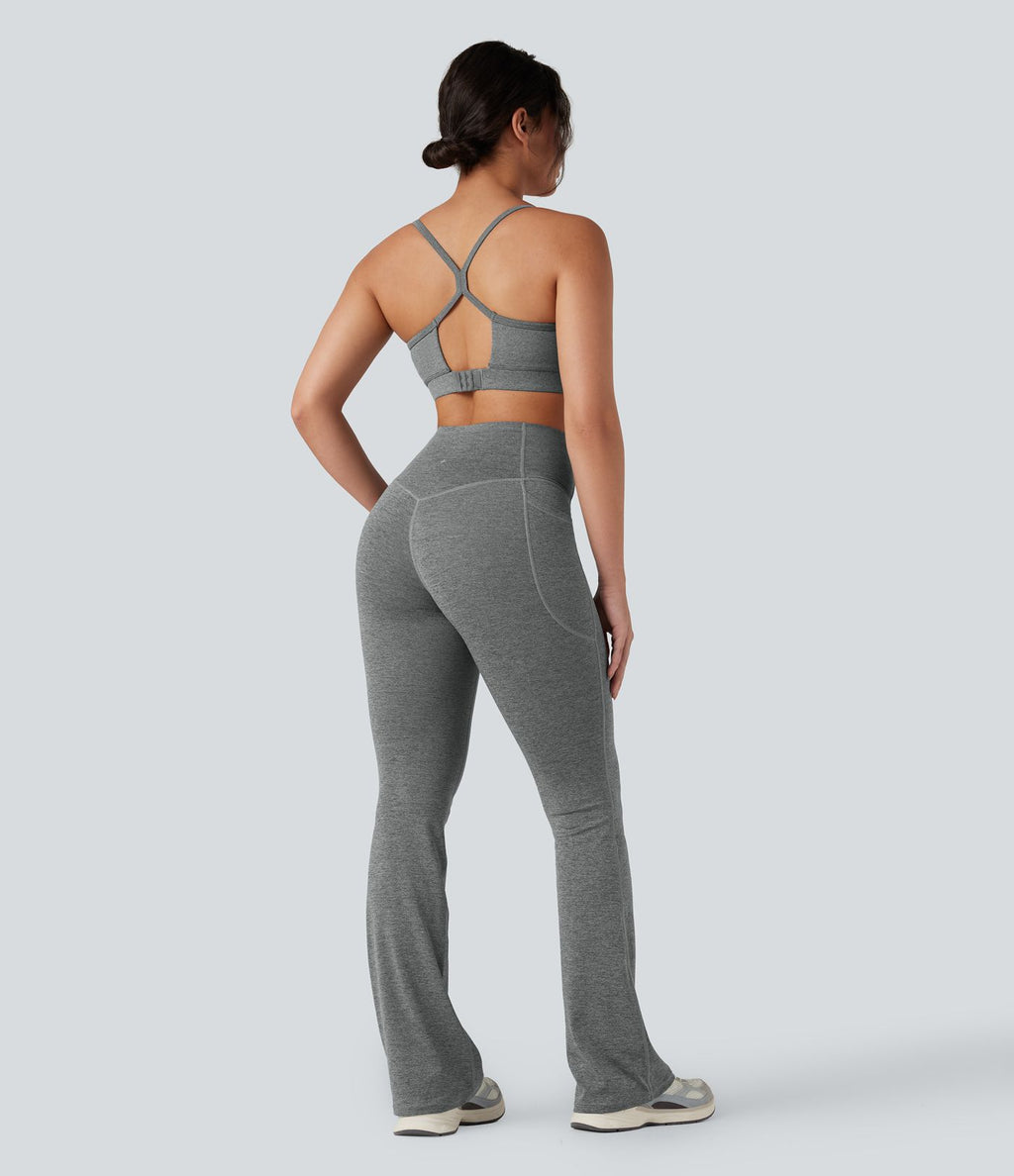 Pantalon de yoga à coupe bootcut gainant taille haute chiné à séchage rapide avec poches Halara UltraSculpt™