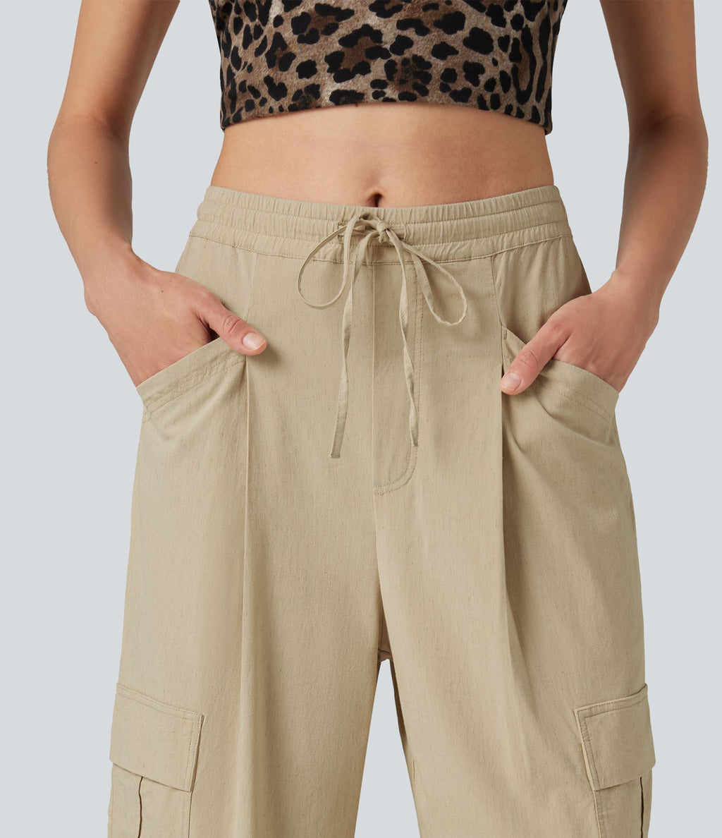 Pantalon cargo décontracté en lin extensible coupe droite taille mi-haute avec cordon de serrage et poches