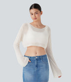 Pull décontracté transparent crop top encolure arrondie avec manches volantées