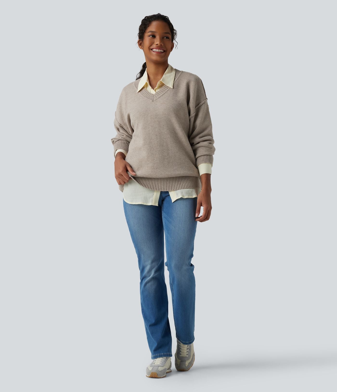 Pull décontracté col V à manches longues et épaules tombantes