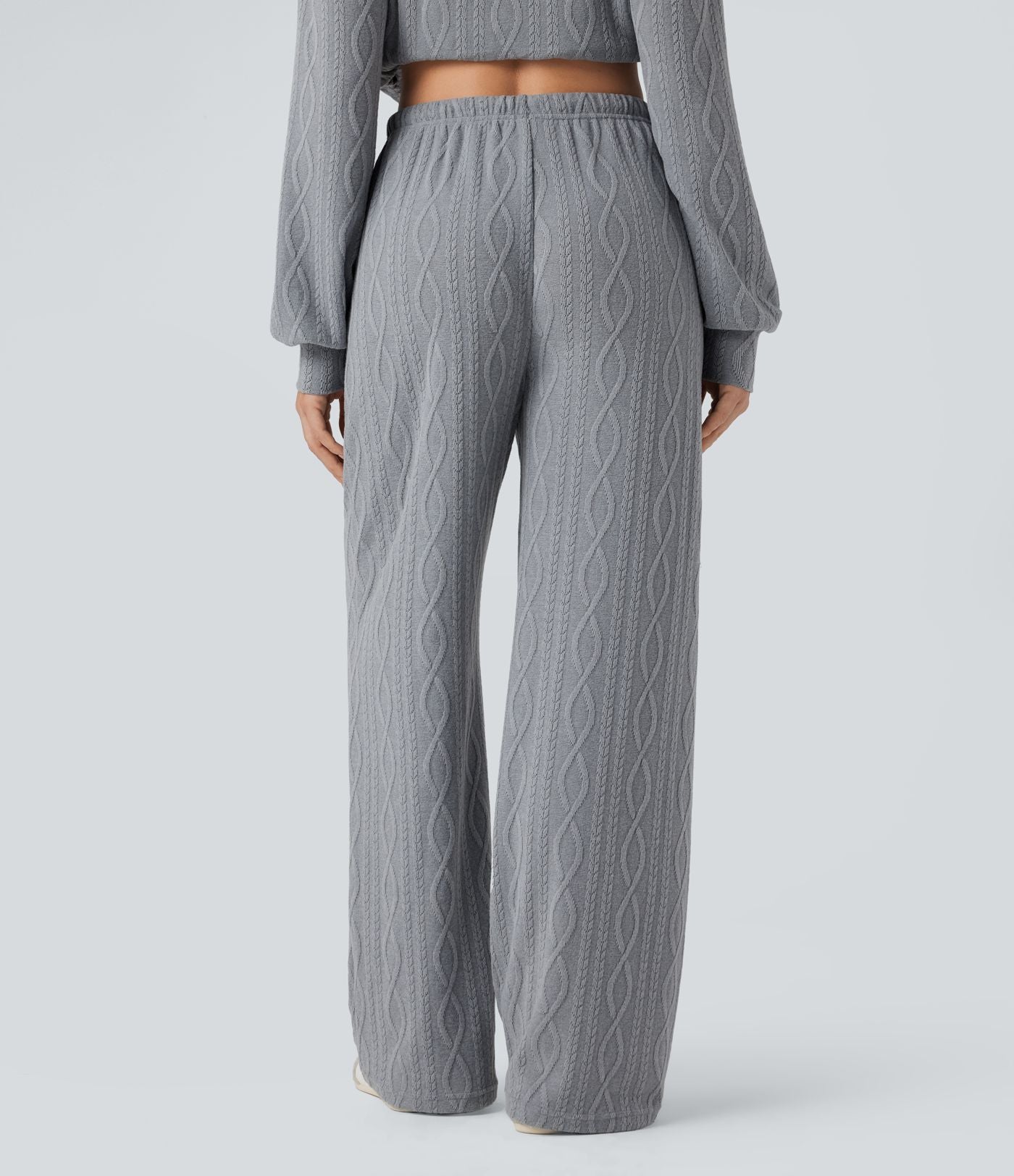 Pantalon décontracté taille haute maille torsadée avec cordon de serrage et poches