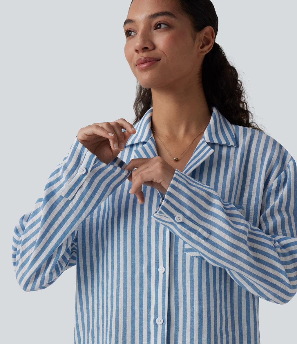 Chemise décontractée rayée col cranté manches longues aspect lin avec poche