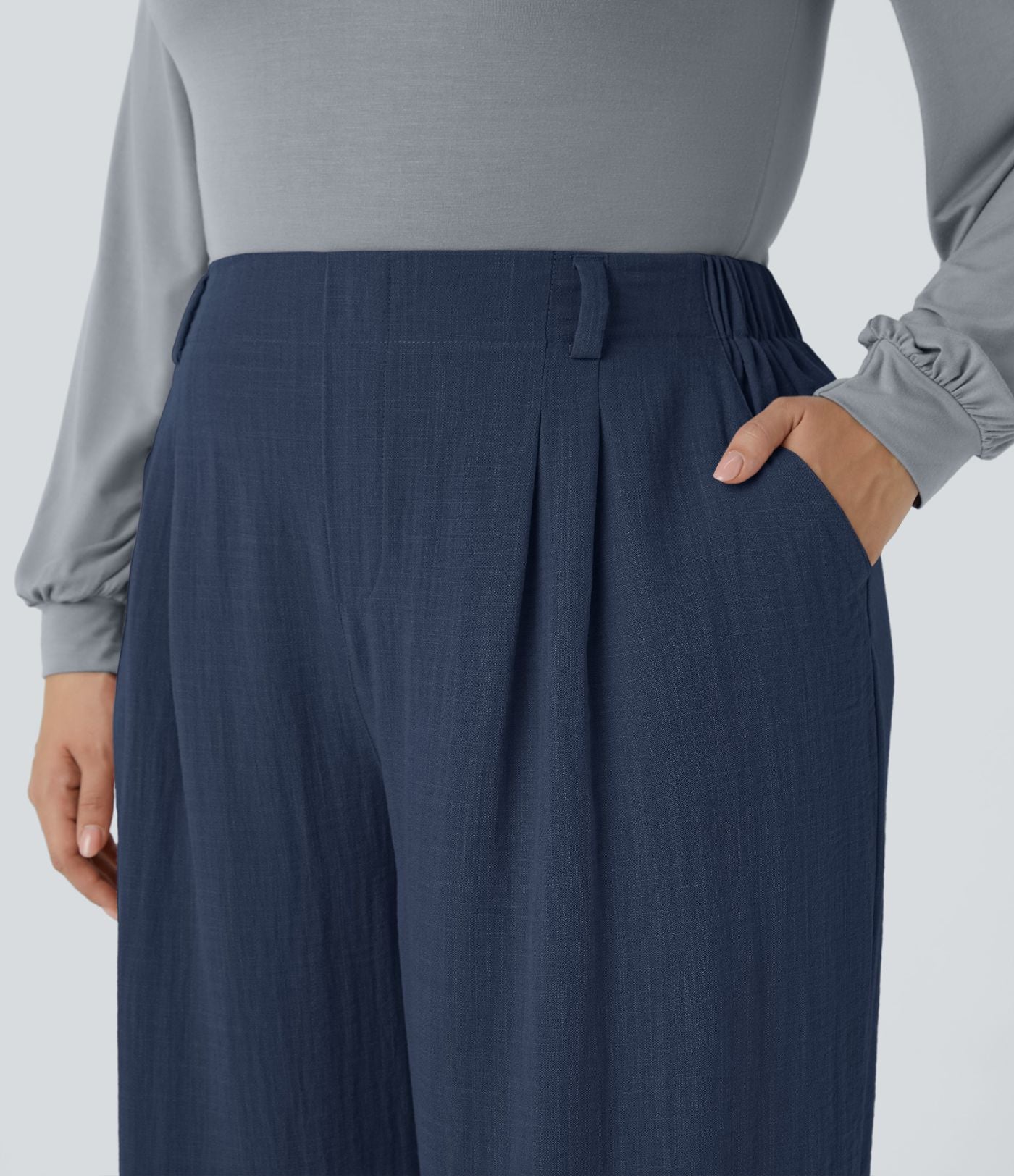 Pantalon décontracté palazzo large effet lin, taille haute, grande taille, avec poches