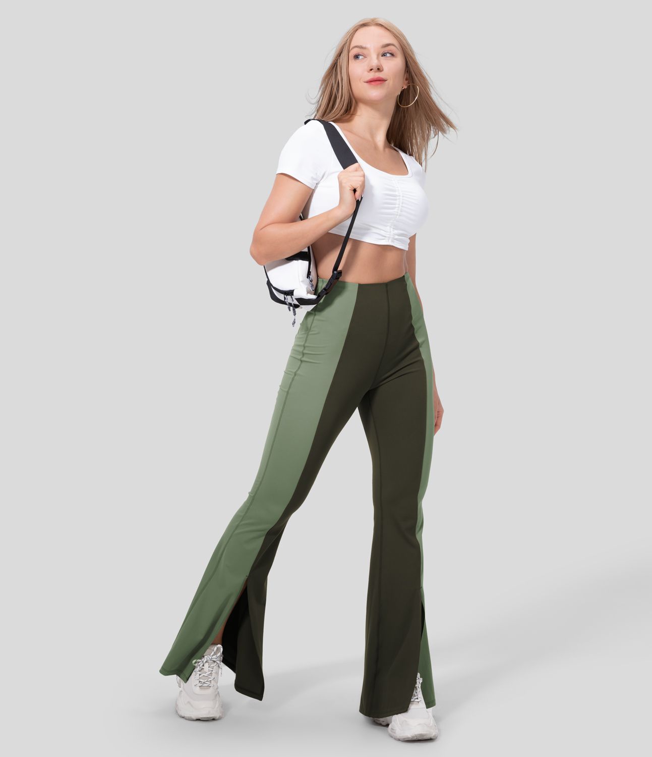 Pantalon Casual Évasés Taille Haute Contrôle du Ventre Ourlet Fendu et Color Block
