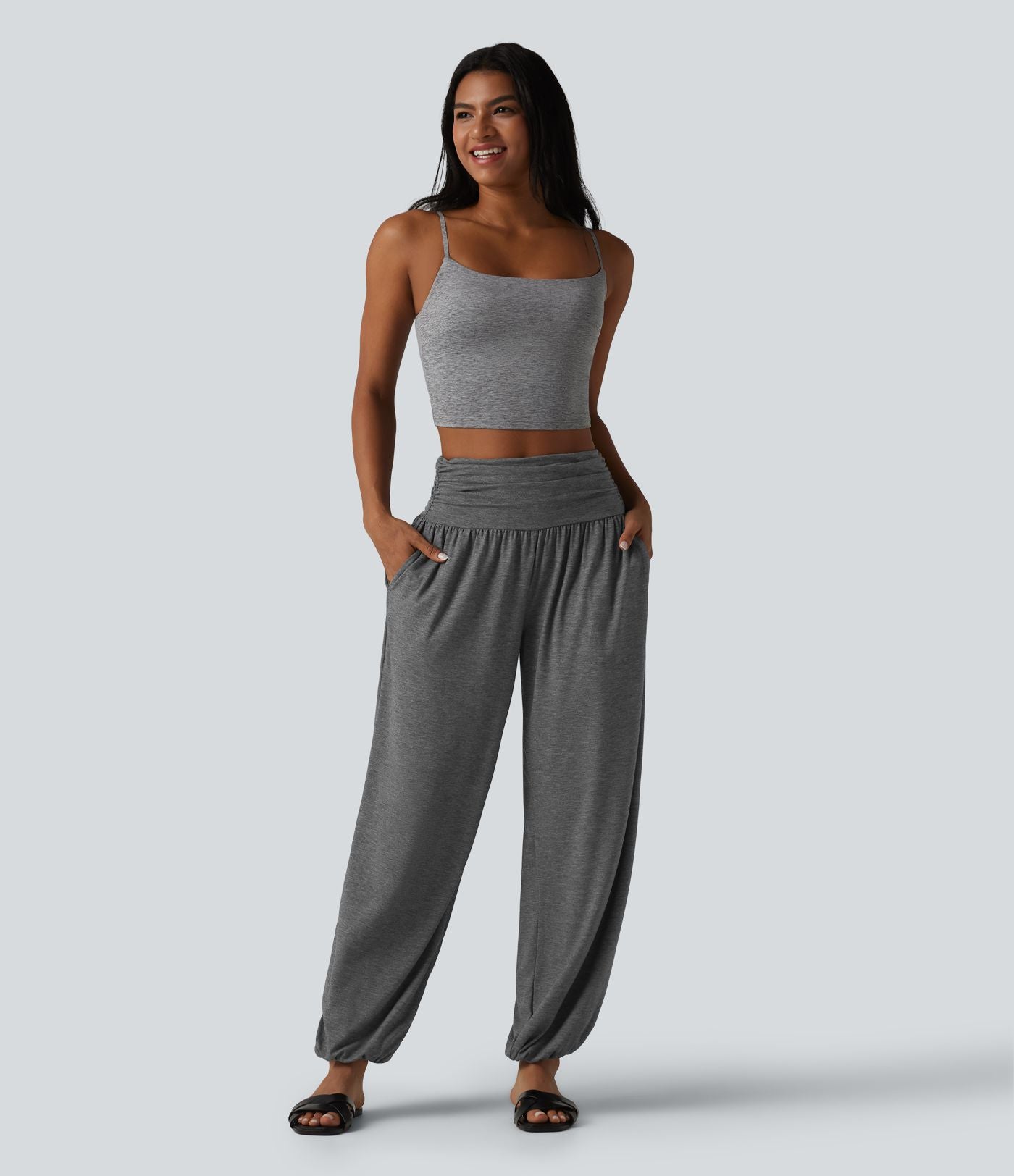 Jogging casual taille haute froncé avec poches