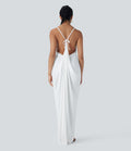 Robe Longue de Vacances avec Col V Dos Nu à Nouer et Fronces