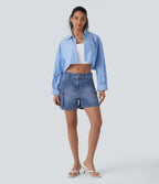 Short cargo décontracté en denim extensible délavé avec poches multiples et taille basse Halara Flex™