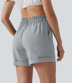 Short resort 12,5 cm taille haute effet lin avec ourlet roulotté et poches