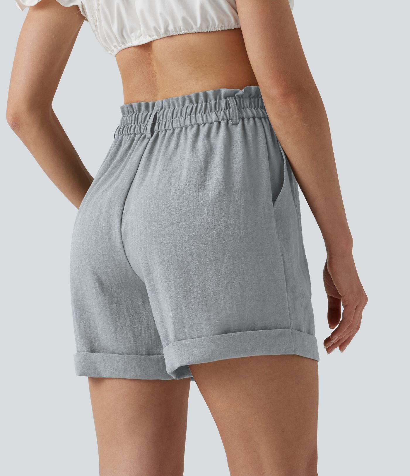 Short resort 12,5 cm taille haute effet lin avec ourlet roulotté et poches