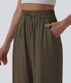 Pantalon casual large mélange lin taille haute avec cordon de serrage et poches