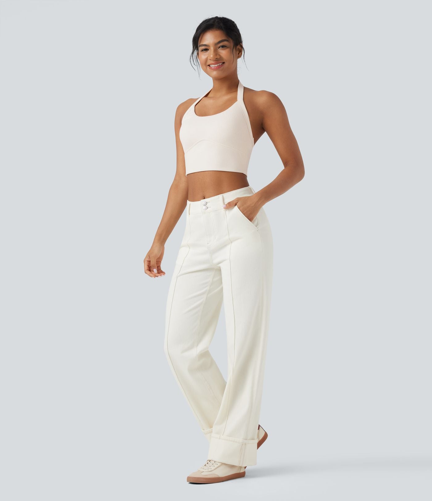 Débardeur décontracté cropped maille côtelée dos-nu boucle réglable