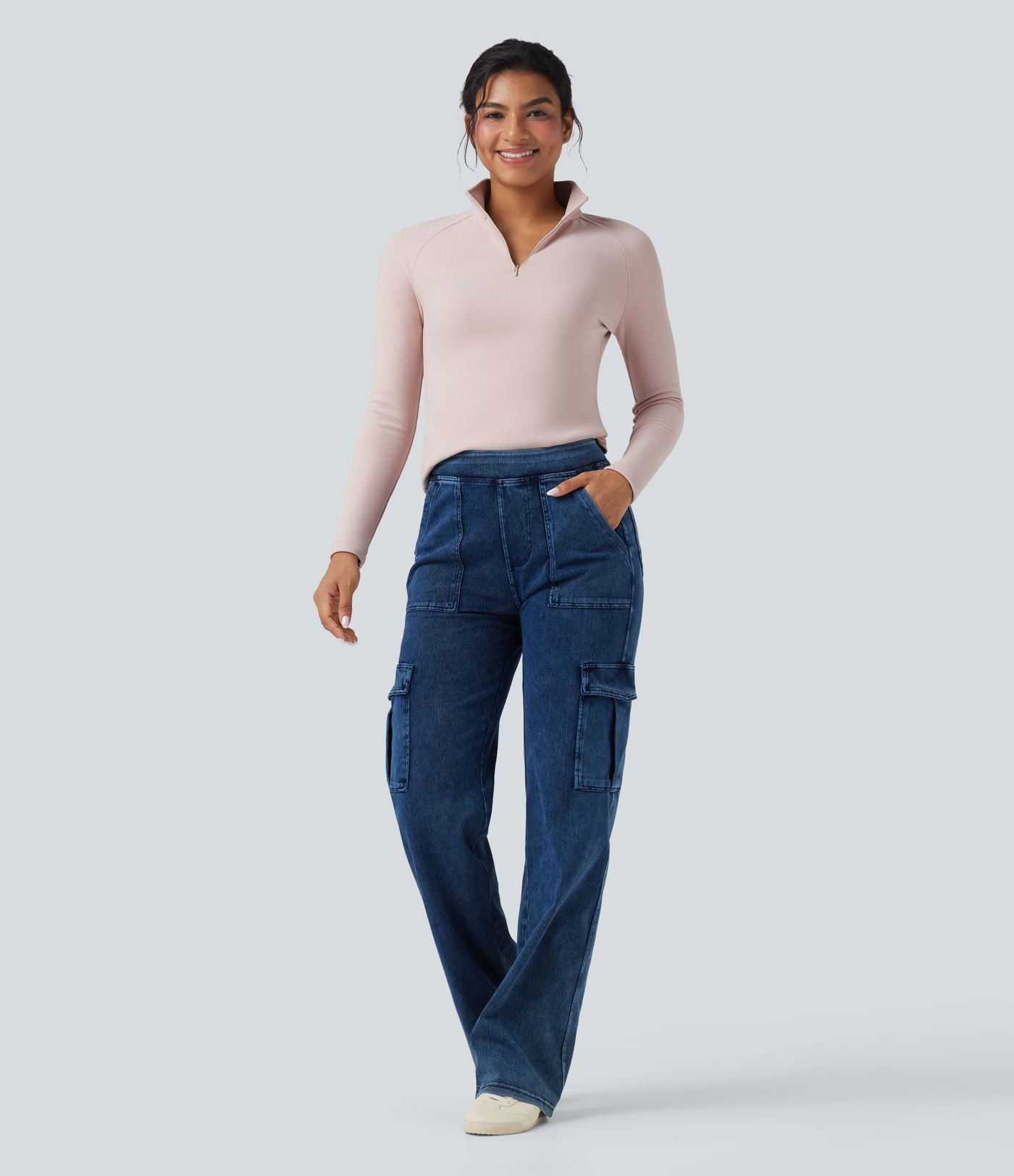 Top casual en molleton zippé mi-hauteur à manches longues