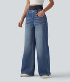Jean large délavé Halara Flex™ taille haute gainant avec poches
