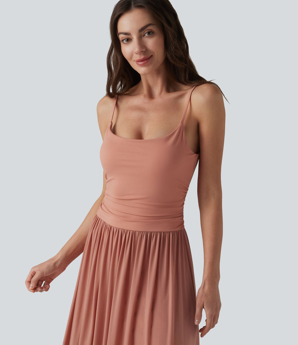 Robe nuisette longue décontractée fluide bretelles réglables froncée mesh contrasté soutien-gorge intégré