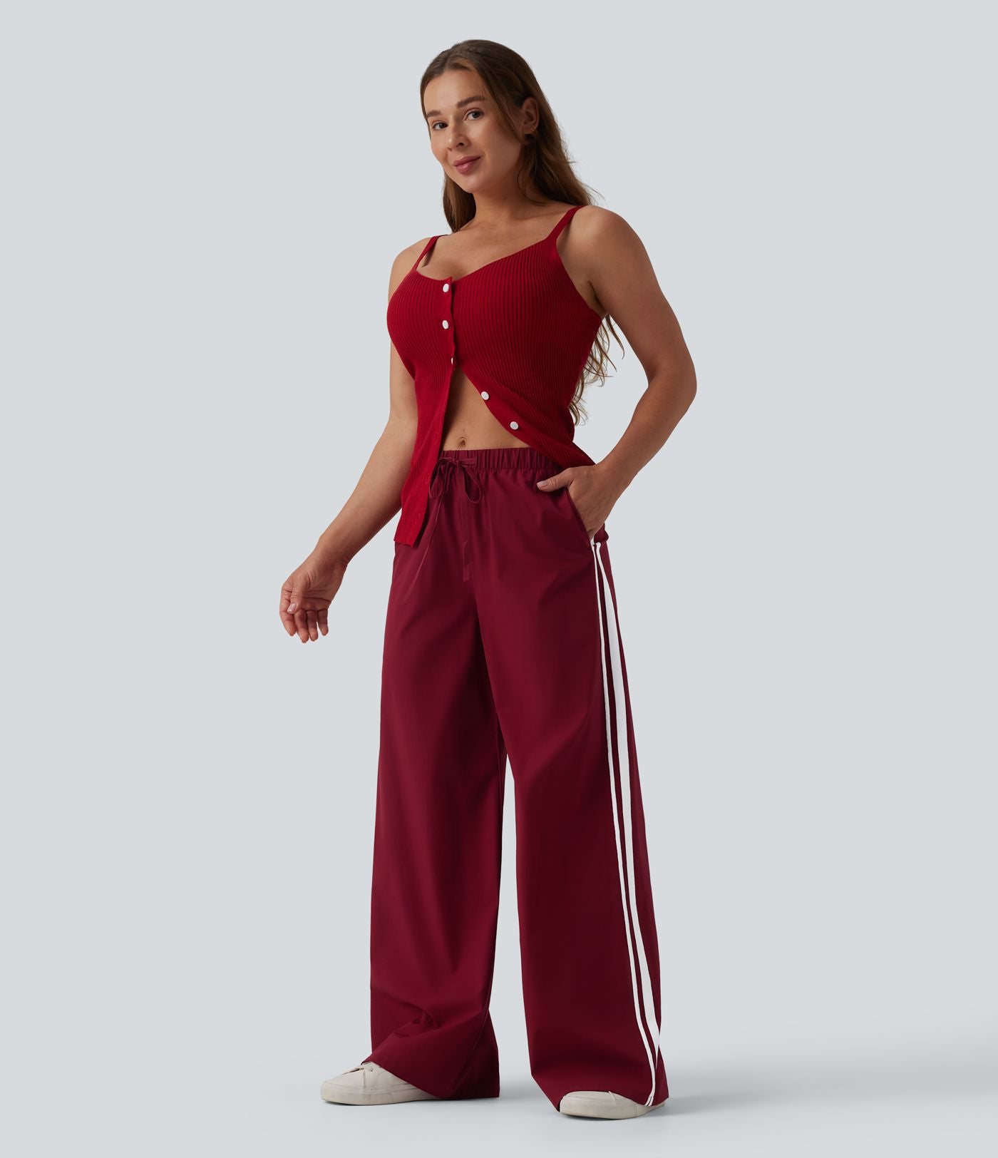 Pantalon large décontracté rayé taille haute avec cordon de serrage avec poches