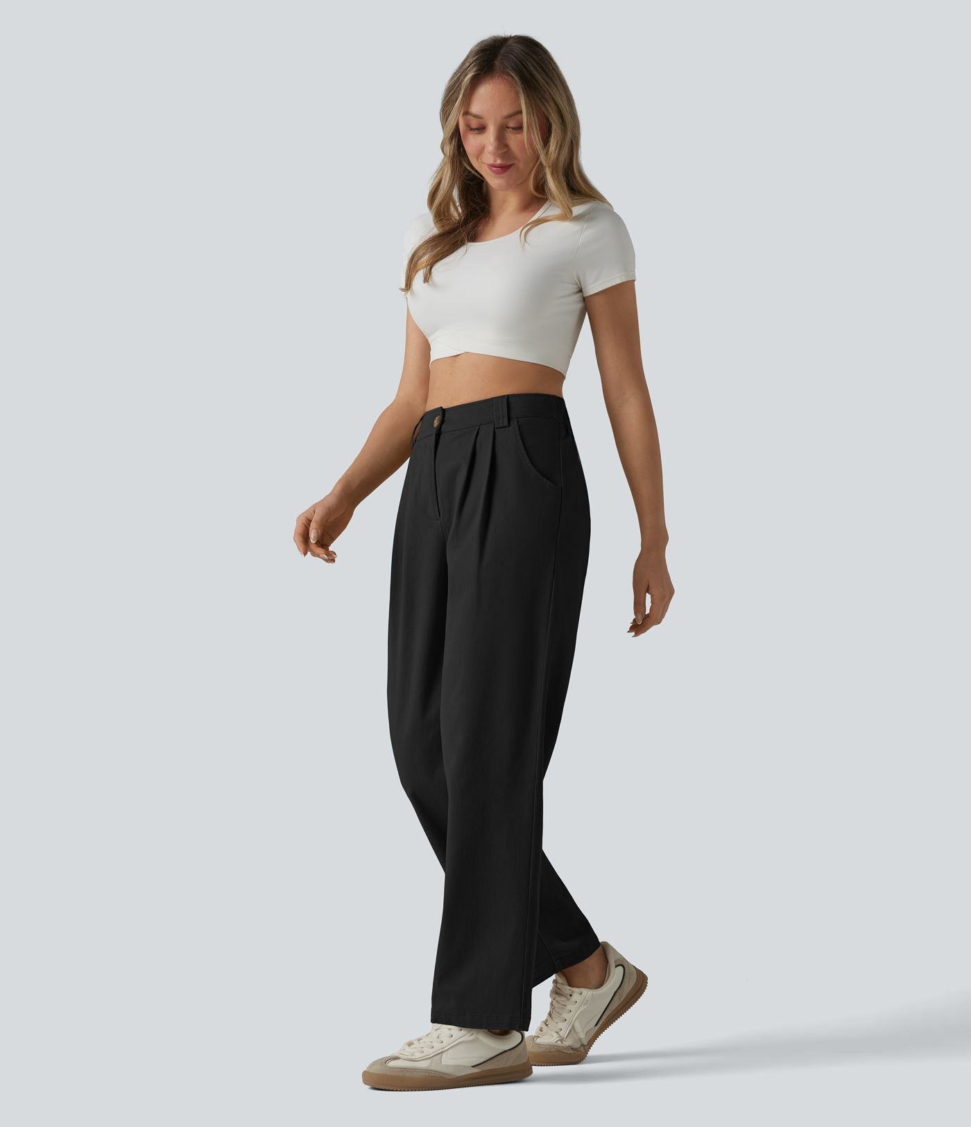 Pantalon chino décontracté en coton, taille haute, plissé, jambe droite, avec poches