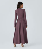 Robe longue décontractée à col montant, manches longues, plissée, avec poches latérales et coupe évasée
