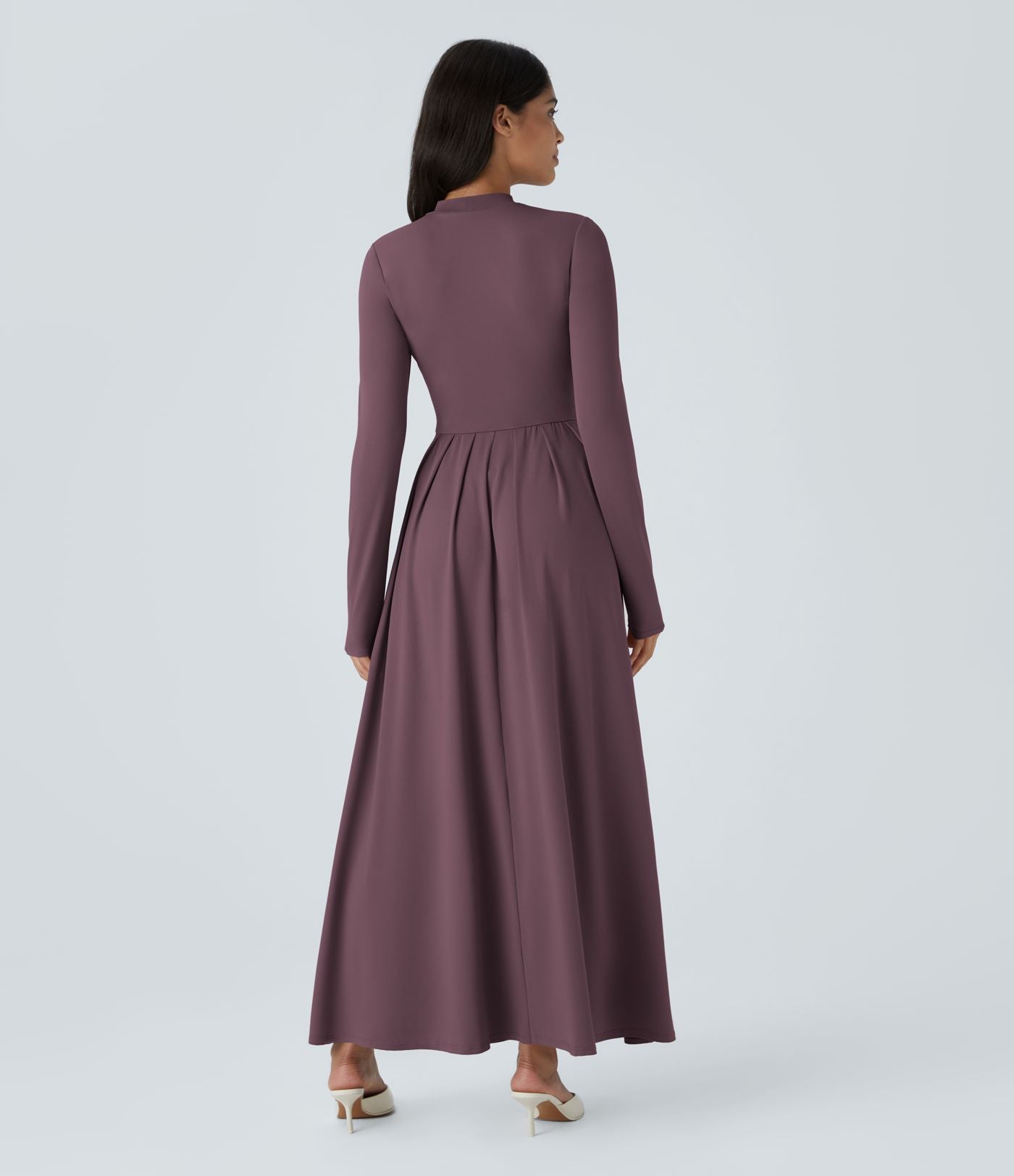Robe longue décontractée à col montant, manches longues, plissée, avec poches latérales et coupe évasée