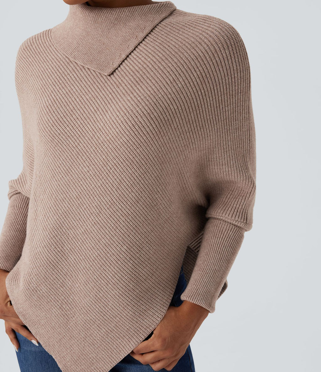 Pull cape décontracté col roulé manches chauve-souris ourlet asymétrique