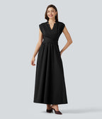 Robe midi fluide esprit bureau sans manches col V avec poches