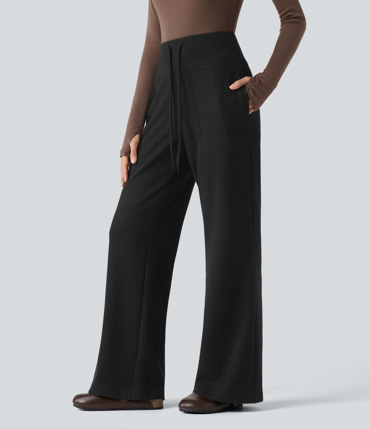 Pantalon large fluide côtelé taille haute avec cordon de serrage et poches