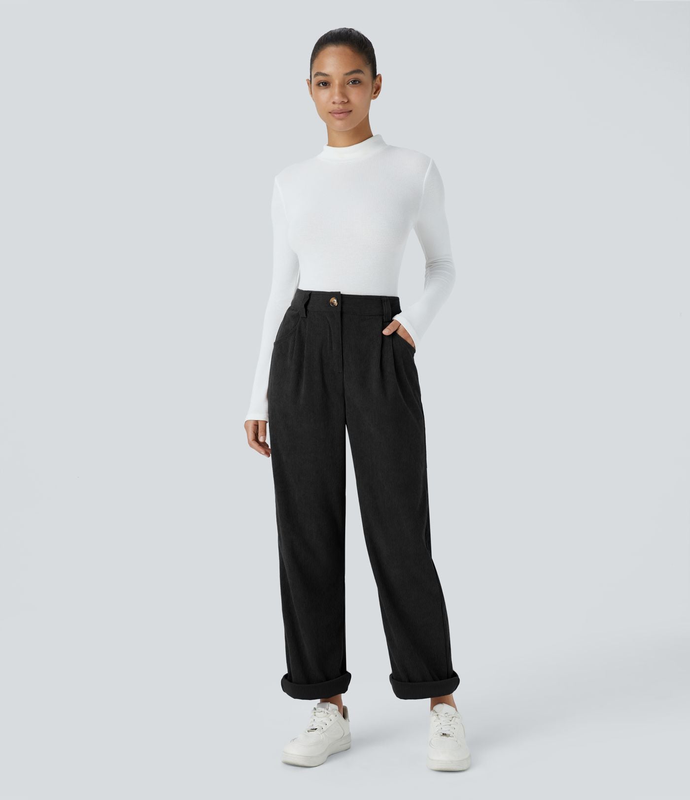 Pantalon décontracté en velours côtelé, taille haute, avec poche zippée