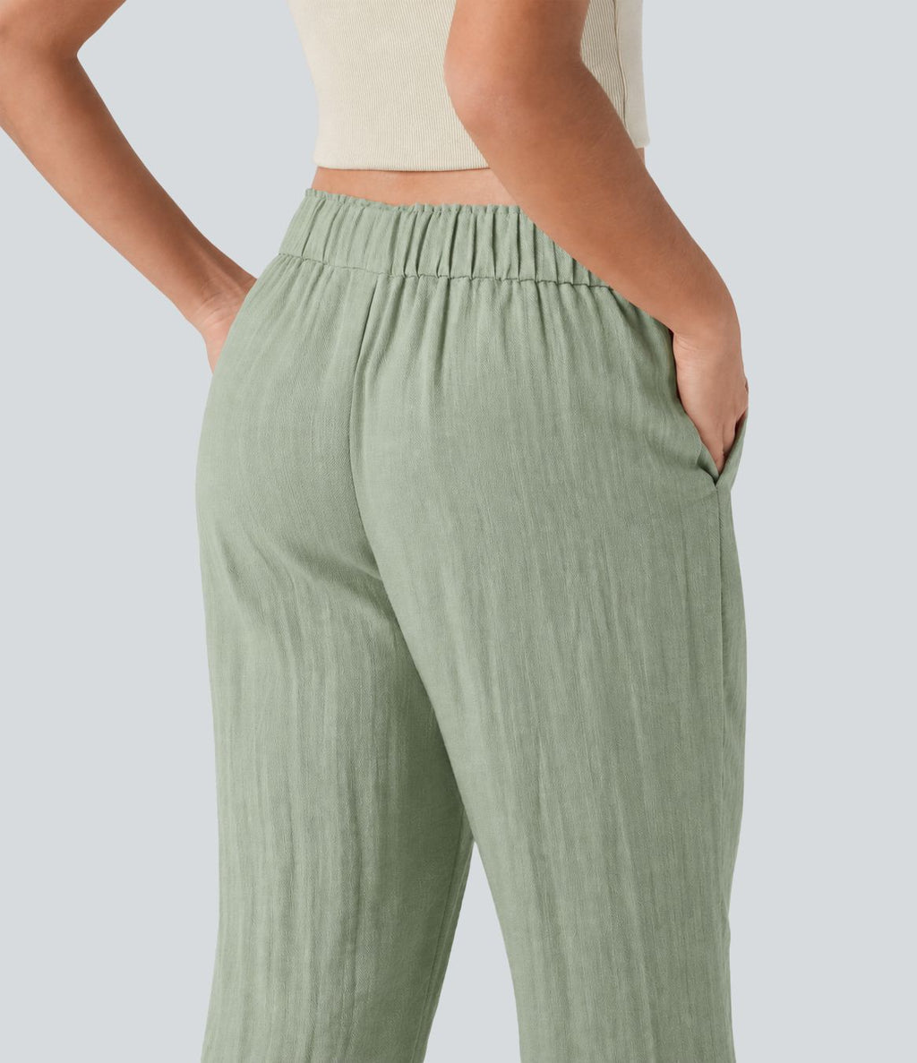 Pantalon baggy large casual effet lin taille basse avec cordon et poches