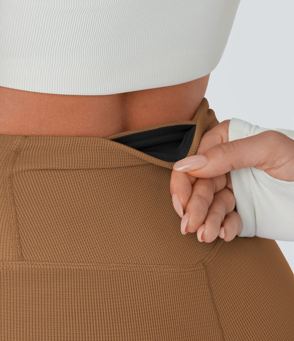 Pantalon décontracté évasé en maille gaufrée, taille haute, avec poches croisées