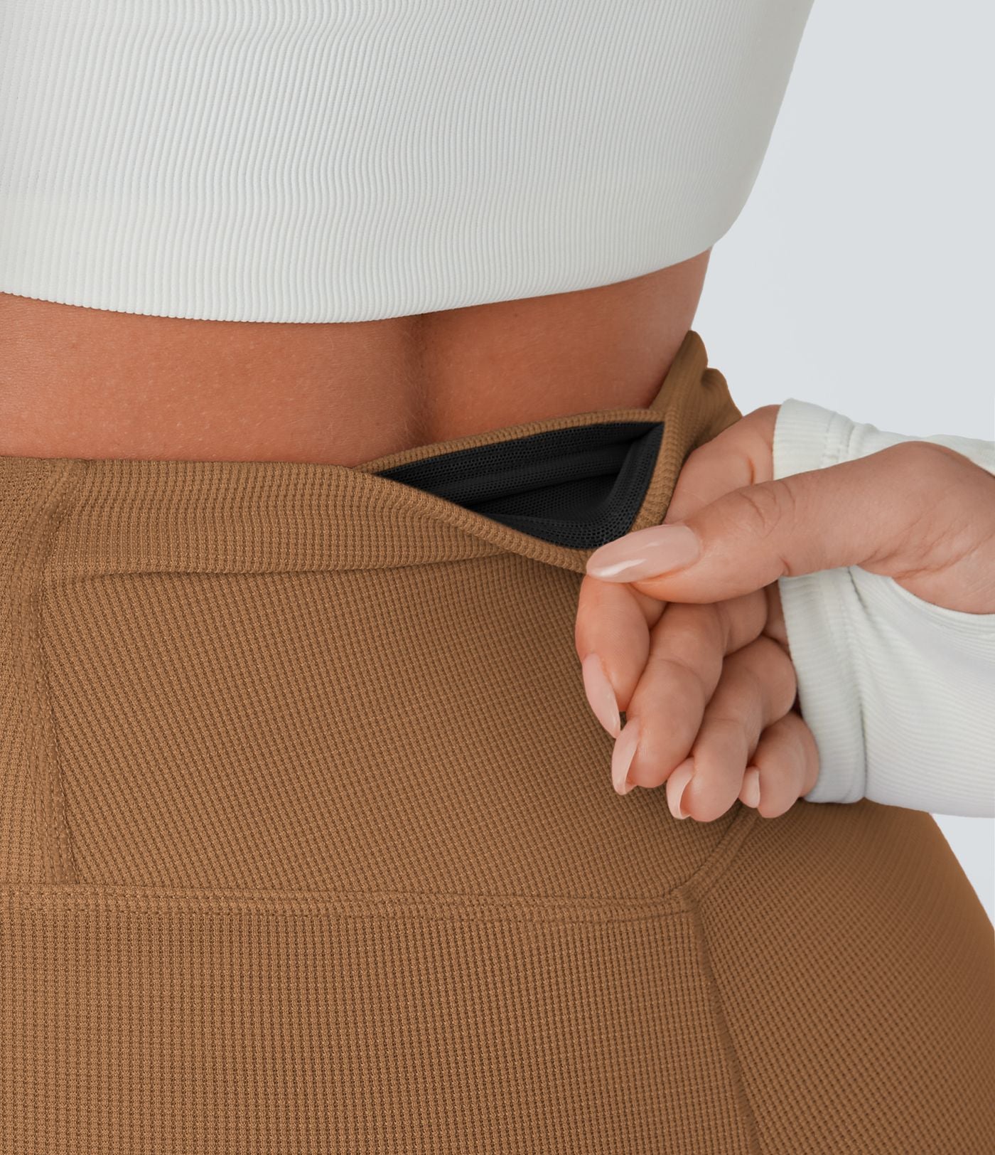 Pantalon décontracté évasé en maille gaufrée, taille haute, avec poches croisées