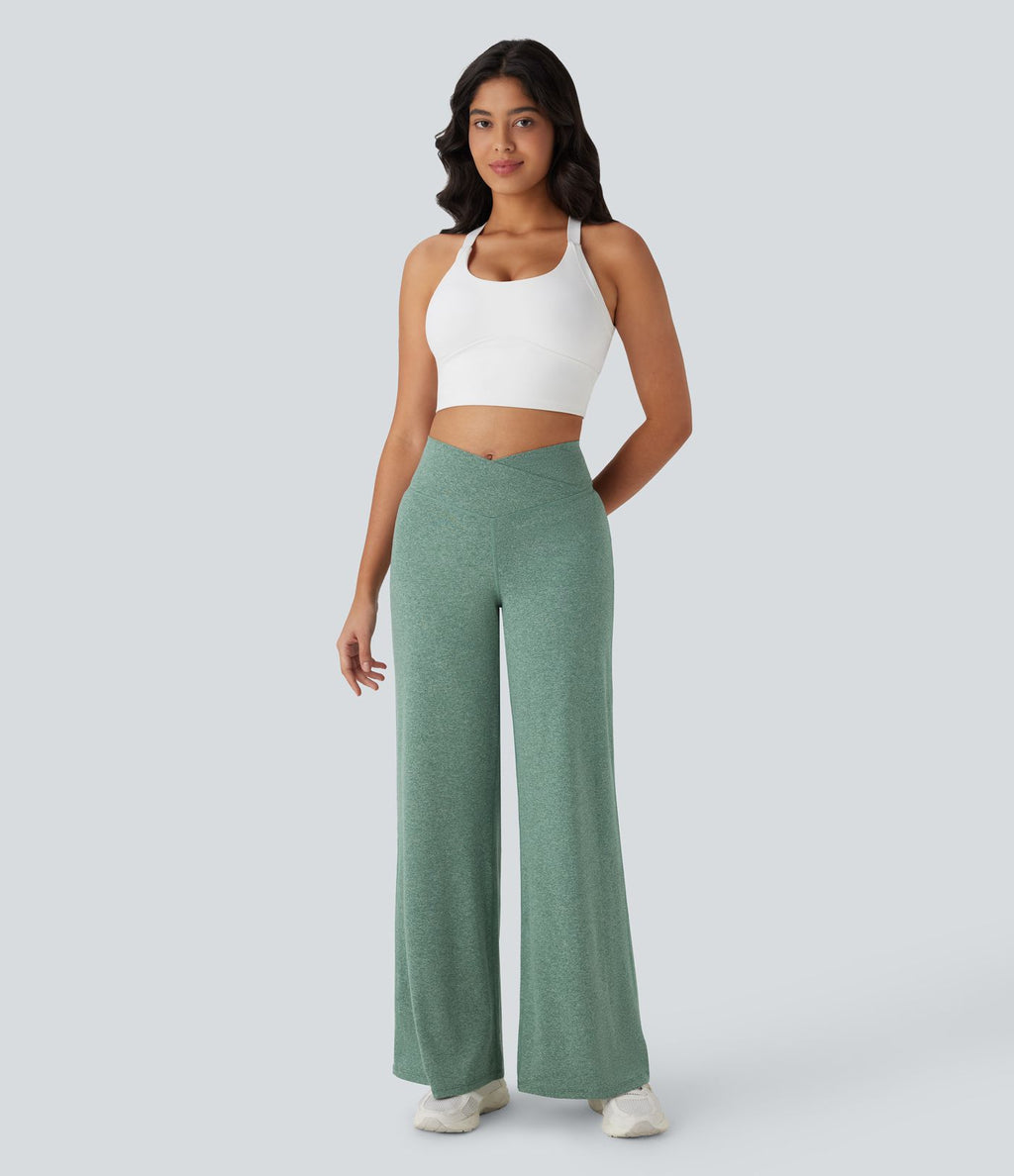 Pantalon de yoga à jambe large avec taille haute croisée et poche arrière